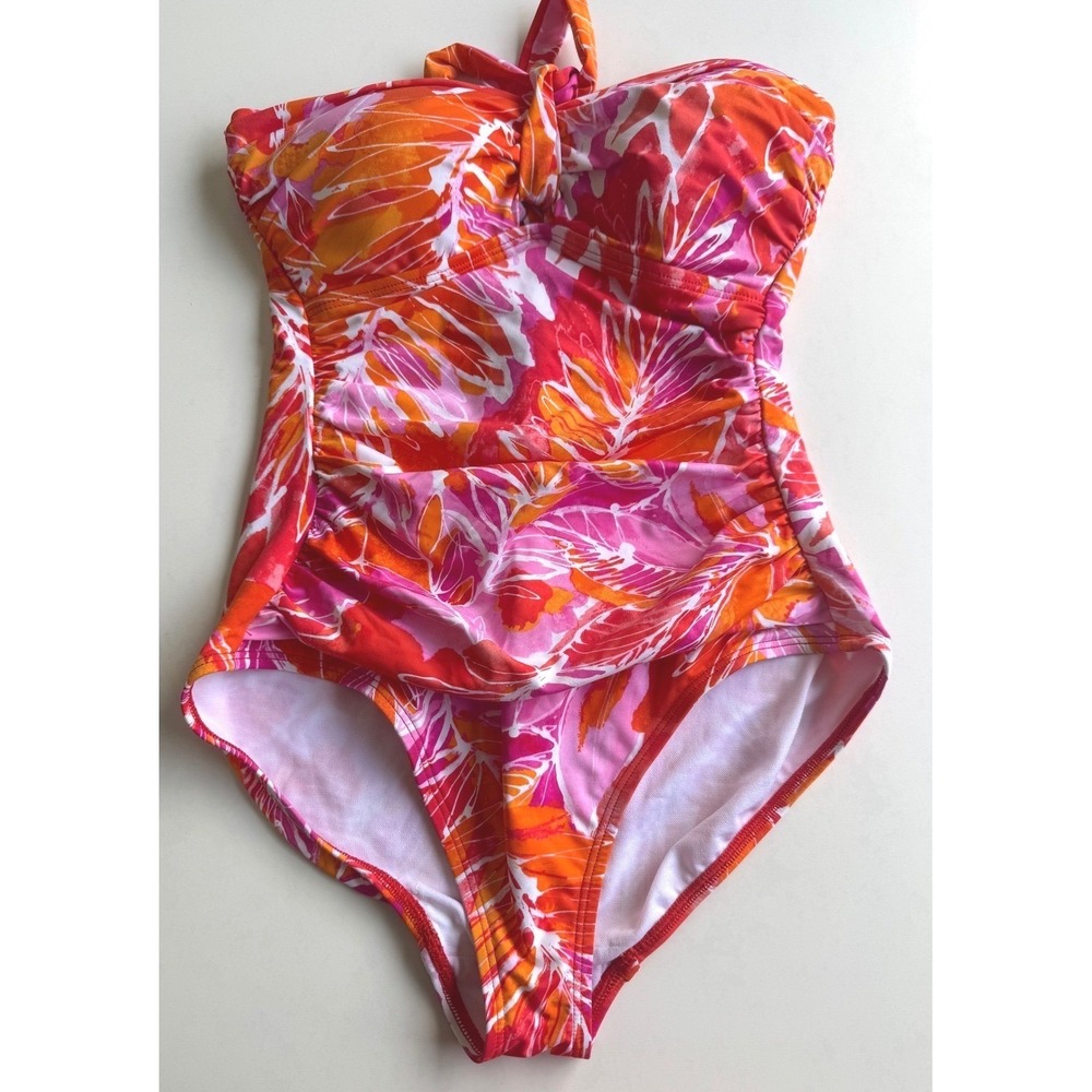 Lauren Ralph Lauren Lush Tropical Print Halter One Piece Swimsuit 8 Pink Ruched